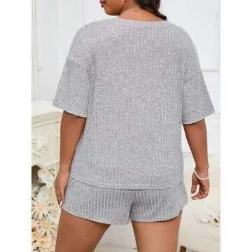 WDIRARA Women's Plus Size Ribbed Short Sleeve Top and Shorts Pajama Set Loungewear Grey 4XL
