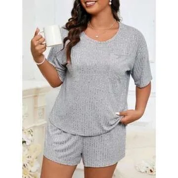 WDIRARA Women's Plus Size Ribbed Short Sleeve Top and Shorts Pajama Set Loungewear Grey 4XL