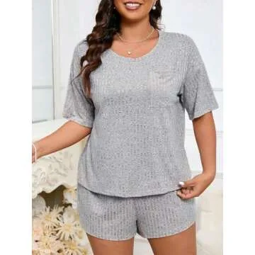 WDIRARA Women's Plus Size Ribbed Short Sleeve Top and Shorts Pajama Set Loungewear Grey 4XL