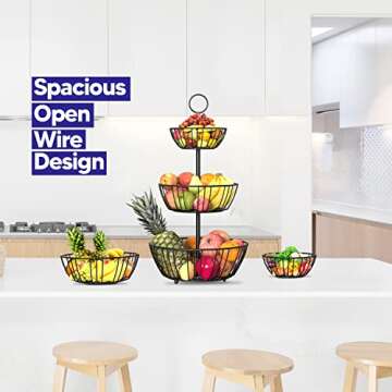 Riccle Fruit Basket For Kitchen Counter - 3 Tier Fruit Basket - Triple Layer Metal Wire Fruit Bowl For Kitchen Counter top - Three Tiered Fruit Holder For Kitchen, Produce, Vegetables