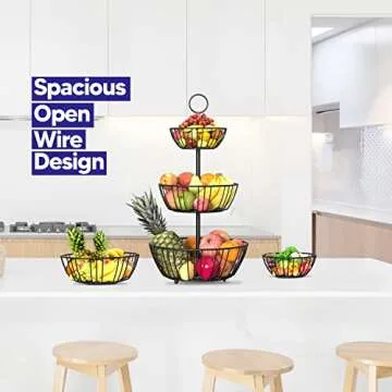 Riccle Fruit Basket For Kitchen Counter - 3 Tier Fruit Basket - Triple Layer Metal Wire Fruit Bowl For Kitchen Counter top - Three Tiered Fruit Holder For Kitchen, Produce, Vegetables