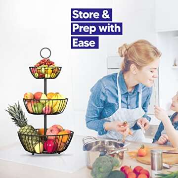 Riccle Fruit Basket For Kitchen Counter - 3 Tier Fruit Basket - Triple Layer Metal Wire Fruit Bowl For Kitchen Counter top - Three Tiered Fruit Holder For Kitchen, Produce, Vegetables