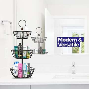 Riccle Fruit Basket For Kitchen Counter - 3 Tier Fruit Basket - Triple Layer Metal Wire Fruit Bowl For Kitchen Counter top - Three Tiered Fruit Holder For Kitchen, Produce, Vegetables