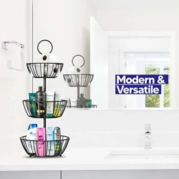 Riccle Fruit Basket For Kitchen Counter - 3 Tier Fruit Basket - Triple Layer Metal Wire Fruit Bowl For Kitchen Counter top - Three Tiered Fruit Holder For Kitchen, Produce, Vegetables