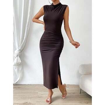 Verdusa Women's Mock Neck High Split Ruched Sleeveless Long Tank Bodycon Dress Coffee Brown X-Small