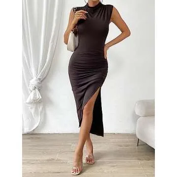 Verdusa Women's Mock Neck High Split Ruched Sleeveless Long Tank Bodycon Dress Coffee Brown X-Small
