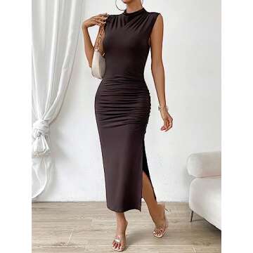 Verdusa Women's Mock Neck High Split Ruched Sleeveless Long Tank Bodycon Dress Coffee Brown X-Small