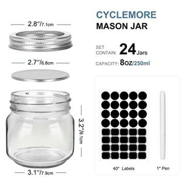CycleMore 24 Pcs 8oz Clear Glass Mason Jars With Regular Silver Separable Lids, 250ml Round Spice Ca...