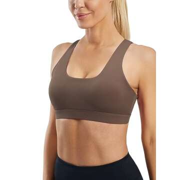 AFITNE Strappy Sports Bra for Women Crisscross Back Medium Support Padded Workout Fitness Yoga Bra with Removable Cups Brown, XS
