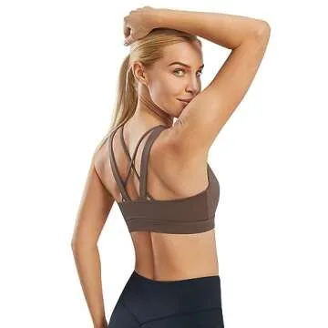 AFITNE Strappy Sports Bra for Women Crisscross Back Medium Support Padded Workout Fitness Yoga Bra with Removable Cups Brown, XS