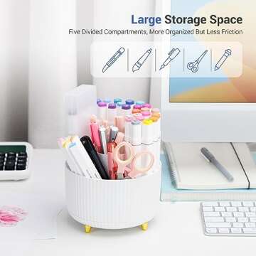 4Johor Pen Holder - Elegant 5 Compartment Rotating Desk Organizer for Office, School, and Home
