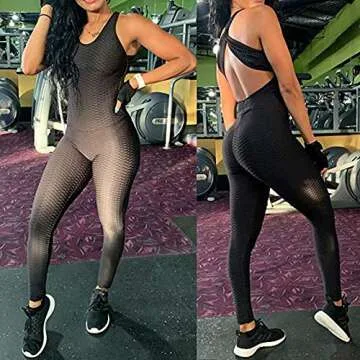 FITTOO Womens Sexy Backless Workout Romper Jumpsuit Textured One Piece Activewear Black S
