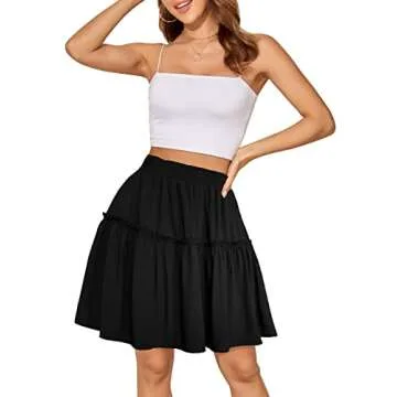 Afibi Women's Summer High Waist Floral Layered Ruffle Pleated Beach Mini Skirt (Large, Pure Black)