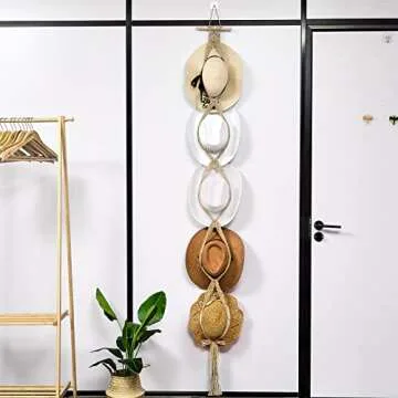 Yulejo Macrame Hat Hangers Boho for Wall Bohemian Women Rack Organizer Hanging Display Hand Weaving Decorative Cap Holder Wide Brim (Beige, Five Hats Style)
