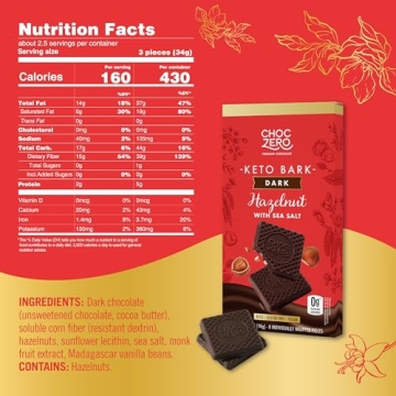 ChocZero Keto Bark Dark Chocolate Hazelnut Sea Salt Sugar-Free