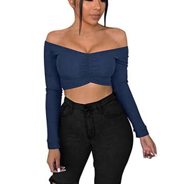 Cuihur Women's Sexy Off Shoulder Long Sleeve Crop Top - Stretchy Summer Blouse