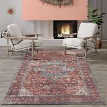Adiva Rugs Machine Washable 6x9 Area Rug with Non Slip Backing for Living Room, Bedroom, Bathroom, Kitchen, Printed Vintage Home Decor, Floor Decoration Carpet Mat (Terra, 6' x 9')