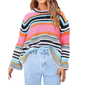 KIRUNDO Women's 2025 Fall Sweaters Casual Long Sleeve Striped Color Block Short Sweater Soft Crew Ne...