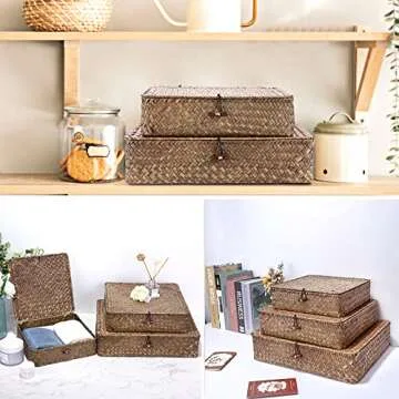 Hipiwe Flat Wicker Basket Bins with Lid - Set of 3 Handwoven Seagrass Storage Basket Shelf Baskets B...
