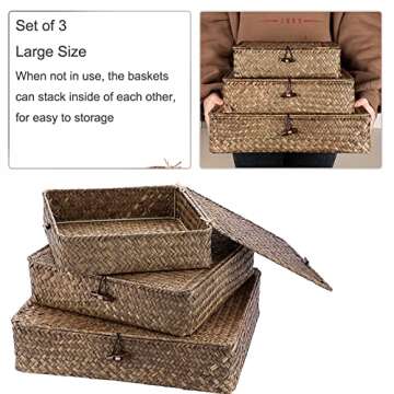 Hipiwe Flat Wicker Basket Bins with Lid - Set of 3 Handwoven Seagrass Storage Basket Shelf Baskets Boxes Multipurpose Home Organizer Bins Boxes for Shelf Pantry Closet,Large Size 14.8"x13" Coffee