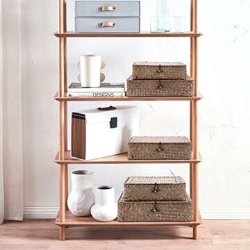 Hipiwe Flat Wicker Basket Bins with Lid - Set of 3 Handwoven Seagrass Storage Basket Shelf Baskets Boxes Multipurpose Home Organizer Bins Boxes for Shelf Pantry Closet,Large Size 14.8"x13" Coffee