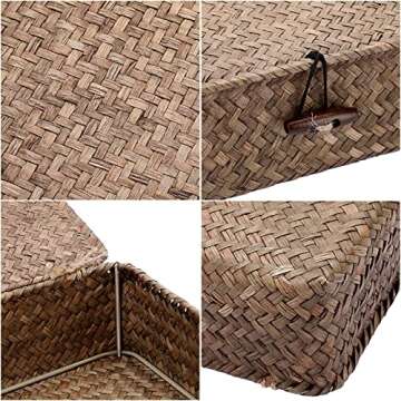 Hipiwe Flat Wicker Basket Bins with Lid - Set of 3 Handwoven Seagrass Storage Basket Shelf Baskets Boxes Multipurpose Home Organizer Bins Boxes for Shelf Pantry Closet,Large Size 14.8"x13" Coffee