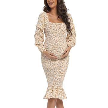 Maternity Spring Floral Midi Bodycon Dresses, Short Puff Sleeve Square Neck Ruffle Hem Mermaid Baby ...