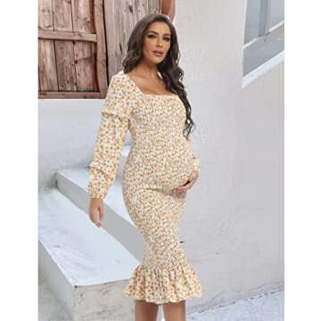 Maternity Spring Floral Midi Bodycon Dresses, Short Puff Sleeve Square Neck Ruffle Hem Mermaid Baby Shower Dress White Orange S