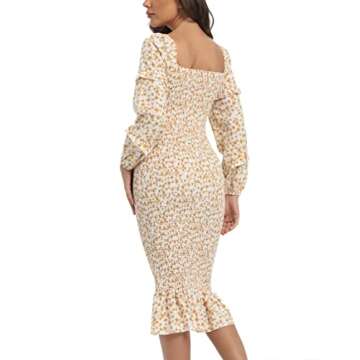 Maternity Spring Floral Midi Bodycon Dresses, Short Puff Sleeve Square Neck Ruffle Hem Mermaid Baby Shower Dress White Orange S