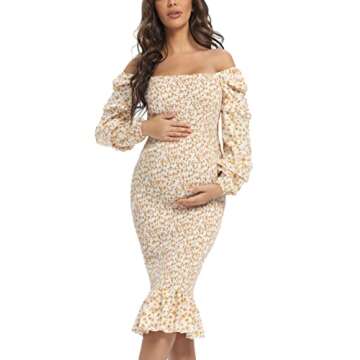 Maternity Spring Floral Midi Bodycon Dresses, Short Puff Sleeve Square Neck Ruffle Hem Mermaid Baby Shower Dress White Orange S
