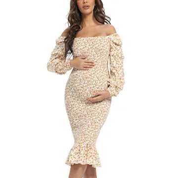 Maternity Spring Floral Midi Bodycon Dresses, Short Puff Sleeve Square Neck Ruffle Hem Mermaid Baby Shower Dress White Orange S