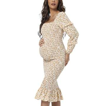 Maternity Spring Floral Midi Bodycon Dresses, Short Puff Sleeve Square Neck Ruffle Hem Mermaid Baby Shower Dress White Orange S