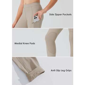 Willit Girls Horse Riding Pants Tights Kids Equestrian Breeches Knee-Patch Youth Schooling Tights Zipper Pockets Khaki M