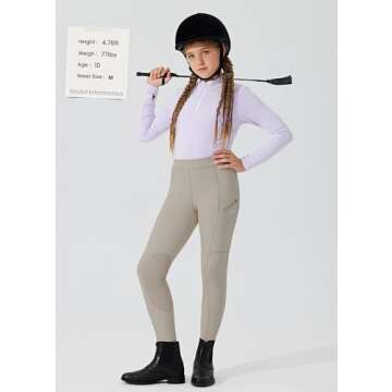 Willit Girls Horse Riding Pants Tights Kids Equestrian Breeches Knee-Patch Youth Schooling Tights Zipper Pockets Khaki M