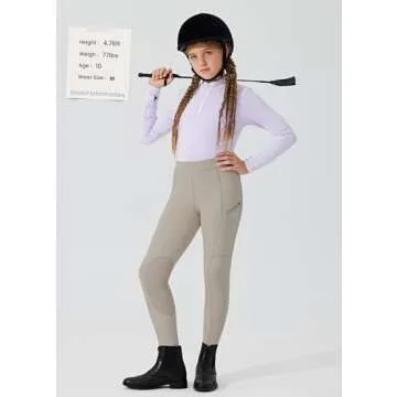 Willit Girls Horse Riding Pants Tights Kids Equestrian Breeches Knee-Patch Youth Schooling Tights Zipper Pockets Khaki M