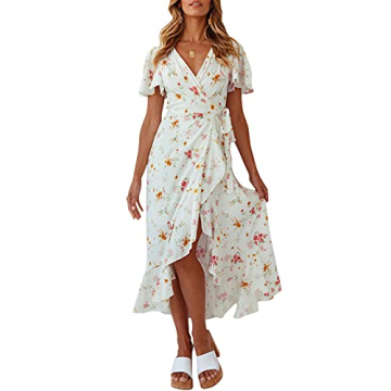ZESICA Women's Summer Bohemian Floral Printed Wrap V Neck Beach Party Flowy Ruffle Midi Dress in Ivo...