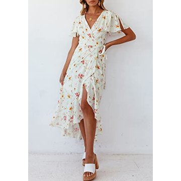 ZESICA Women's Bohemian Floral Wrap Midi Dress - Ivory