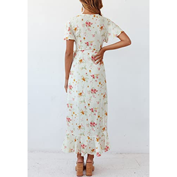 ZESICA Women's Bohemian Floral Wrap Midi Dress - Ivory