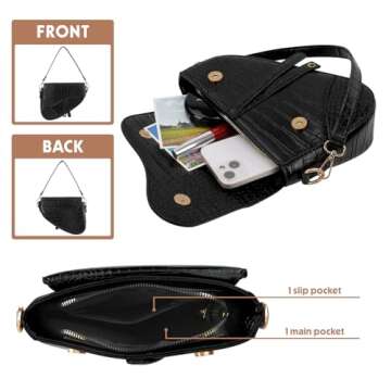 HDE Women's Saddle Shoulder Bag PU Leather Crossbody Purse Crocodile Handbag - Black Crocodile