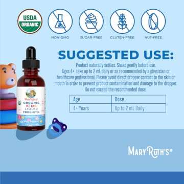 MaryRuth Organics Kids Probiotic Liquid Drops | USDA Organic Probiotics for Digestive Health | Ages 4 Gut Health & Immune Support Supplement | Overall Health | Vegan | Non-GMO | 1 Fl Oz