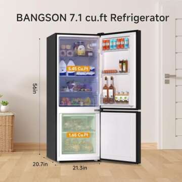 BANGSON 7.1 Cu.Ft Refrigerator with Freezer, Apartment Size Fridge with Bottom Freezer, Large Capaci...