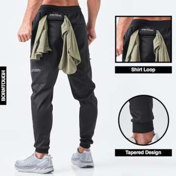 Born Tough Mens Cargo Workout Joggers Pants, Tapered Bodybuilding Gym Cargo Joggers, Athletic Running Cargo Sweatpants for Men Black
