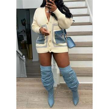 Molisry Women Cardigan Sweater Long Sleeve Denim Pockets Patchwork Button Down Casual Open Front Fal...