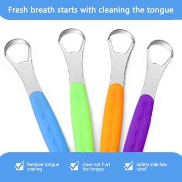 4 Pcs Tongue Scraper Cleaner Adults and Kids Stainless Steel Tongue Brush Metal Scraper Reduce Bad Breath with Travel Cases for Men Women Oral Mouth(Purple, Orange, Blue and Green)