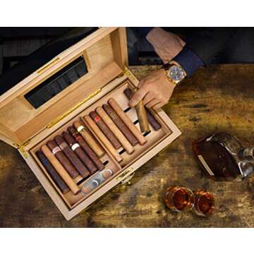 69Bourbons Exotic Cigar Humidor - Large Ebony Wood Storage Box with Spanish Cedar Wood Interior, Acc...
