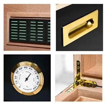 69Bourbons Exotic Cigar Humidor - Large Ebony Wood Storage Box with Spanish Cedar Wood Interior, Accessory Drawer, Exterior Hygrometer - Airtight Humidity, Removable Dividers - Cabinet for 150 Cigars