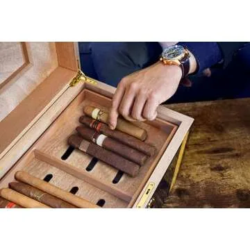 69Bourbons Exotic Cigar Humidor - Large Ebony Wood Storage Box with Spanish Cedar Wood Interior, Accessory Drawer, Exterior Hygrometer - Airtight Humidity, Removable Dividers - Cabinet for 150 Cigars