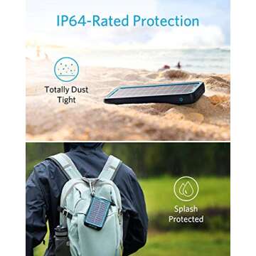 Anker PowerCore Solar 10000, 15W Power Bank 10,000 mAh with Dual Ports, Flashlight, IP64 Splash Proof and Dustproof for Outdoor Activities, Compatible with Smartphones and Other Devices
