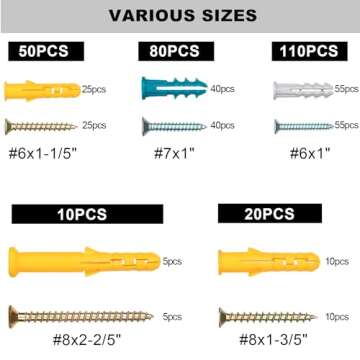 KURUI Drywall Anchors and Screws Assortment Kit 270PCS, 135 Plastic Wall Anchors and 135 Philips Flat Head Screws, 5 Sizes Galvanized Screws and Wall Plug Bolts with Organizer Box