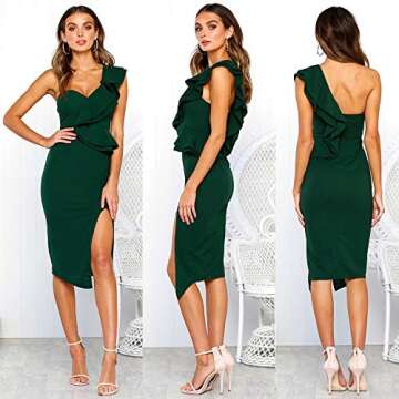 ECOWISH Women's Dresses Sexy Ruffle One Shoulder Sleeveless Split Bodycon Midi Party Dress Green Small